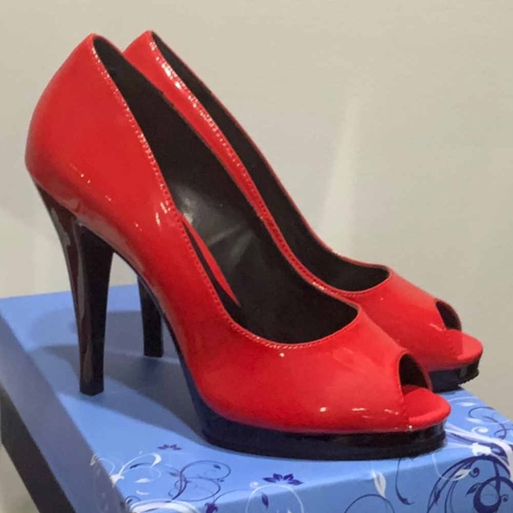 Pleaser Red Peep Toe Heels View 2